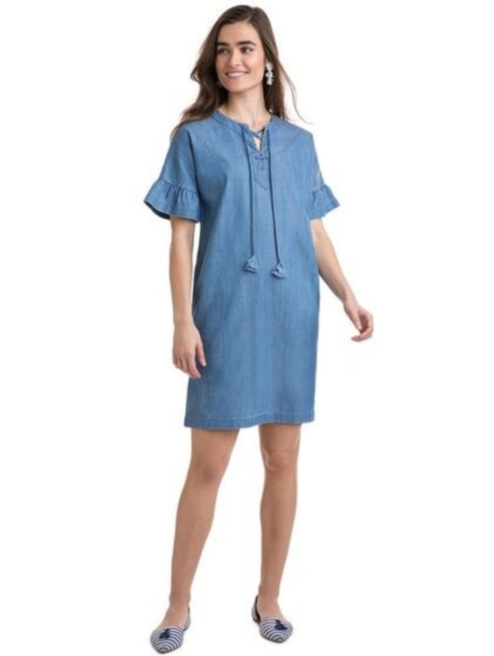 NWT Vineyard Vines "Chambray Flutter Sleeve Lace Up Dress" Blue, Women's Size 0